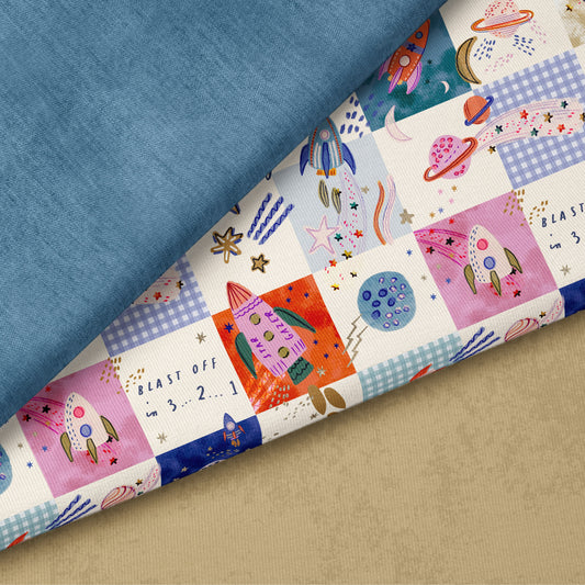 Cosmic Adventure Grün – Kinderstoff Weltall | verschiedene Stoffarten