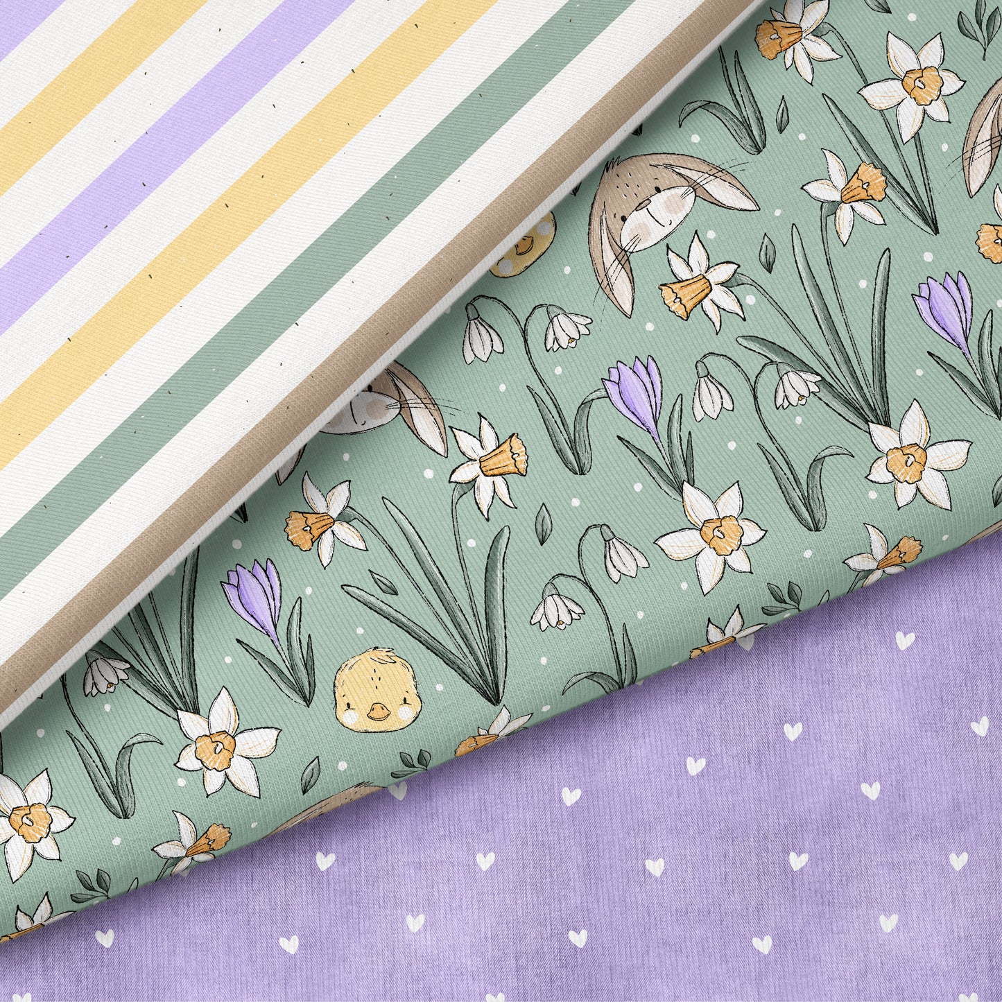 Frühlingszauber Grün – Kinderstoff mit Hasen & Blumen | verschiedene Stoffarten