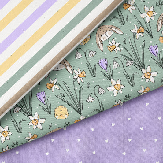 Frühlingszauber Grün – Kinderstoff mit Hasen & Blumen | verschiedene Stoffarten