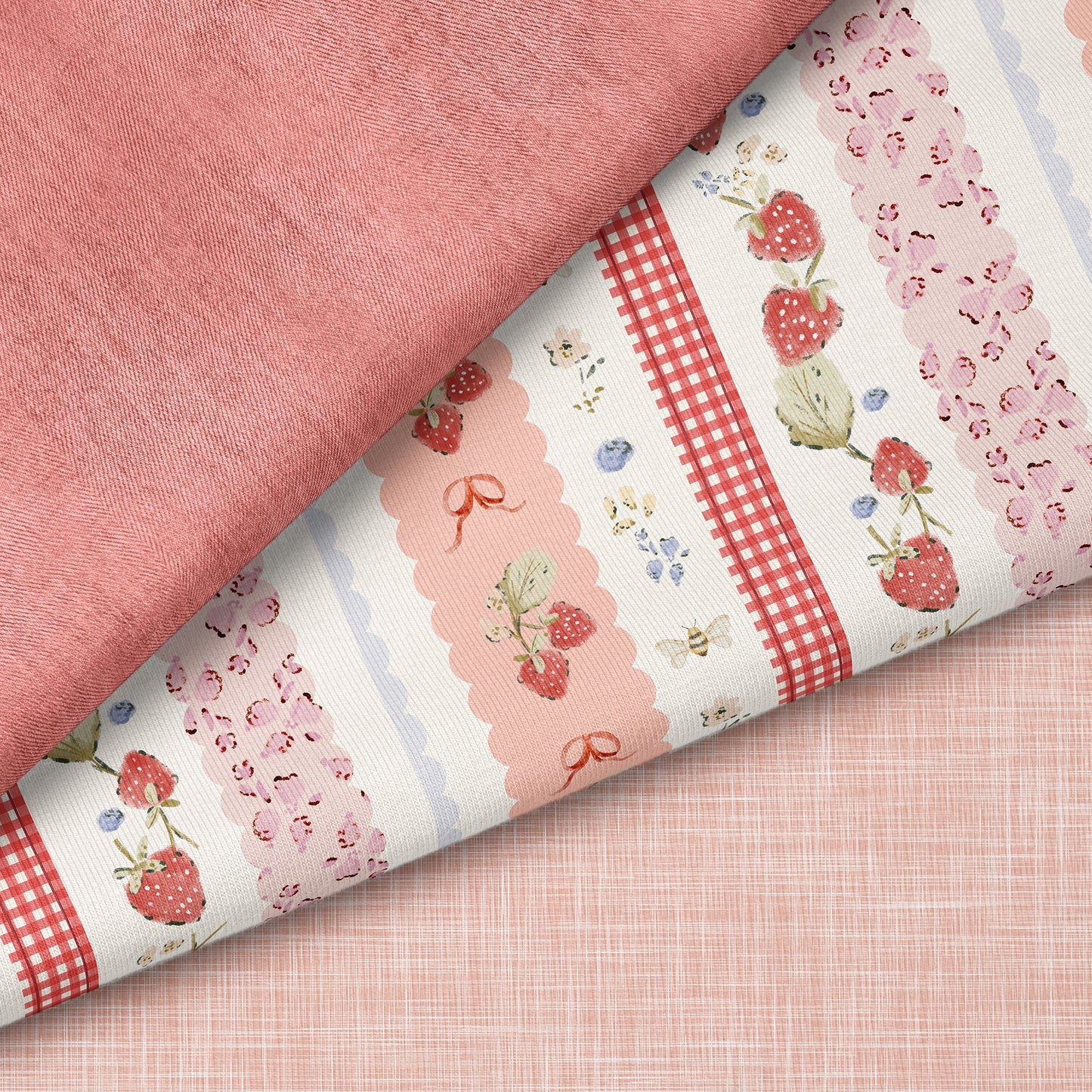Strawberry Meadow Rosa – romantischer Erdbeer Stoff | auf verschiedenen Stoffarten