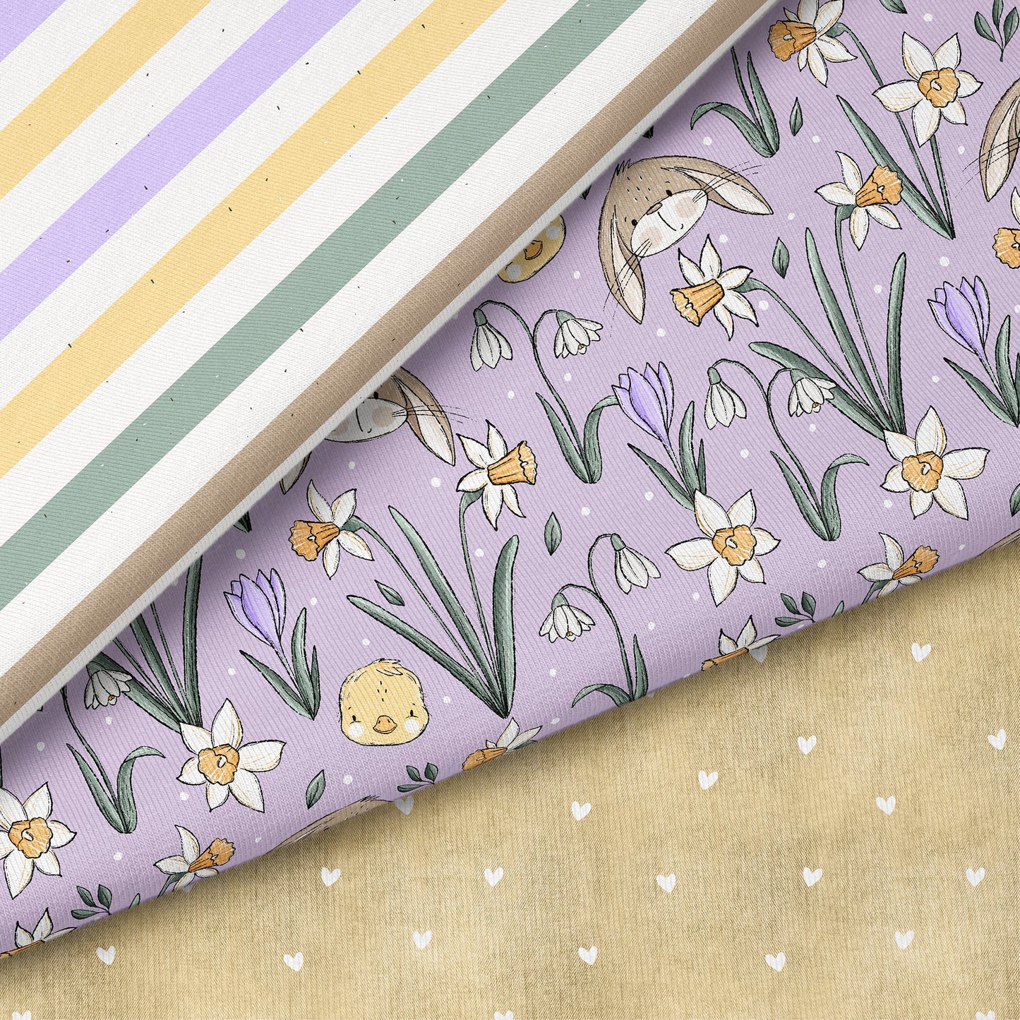 Frühlingszauber Lila – Kinderstoff mit Hasen & Blumen | verschiedene Stoffarten