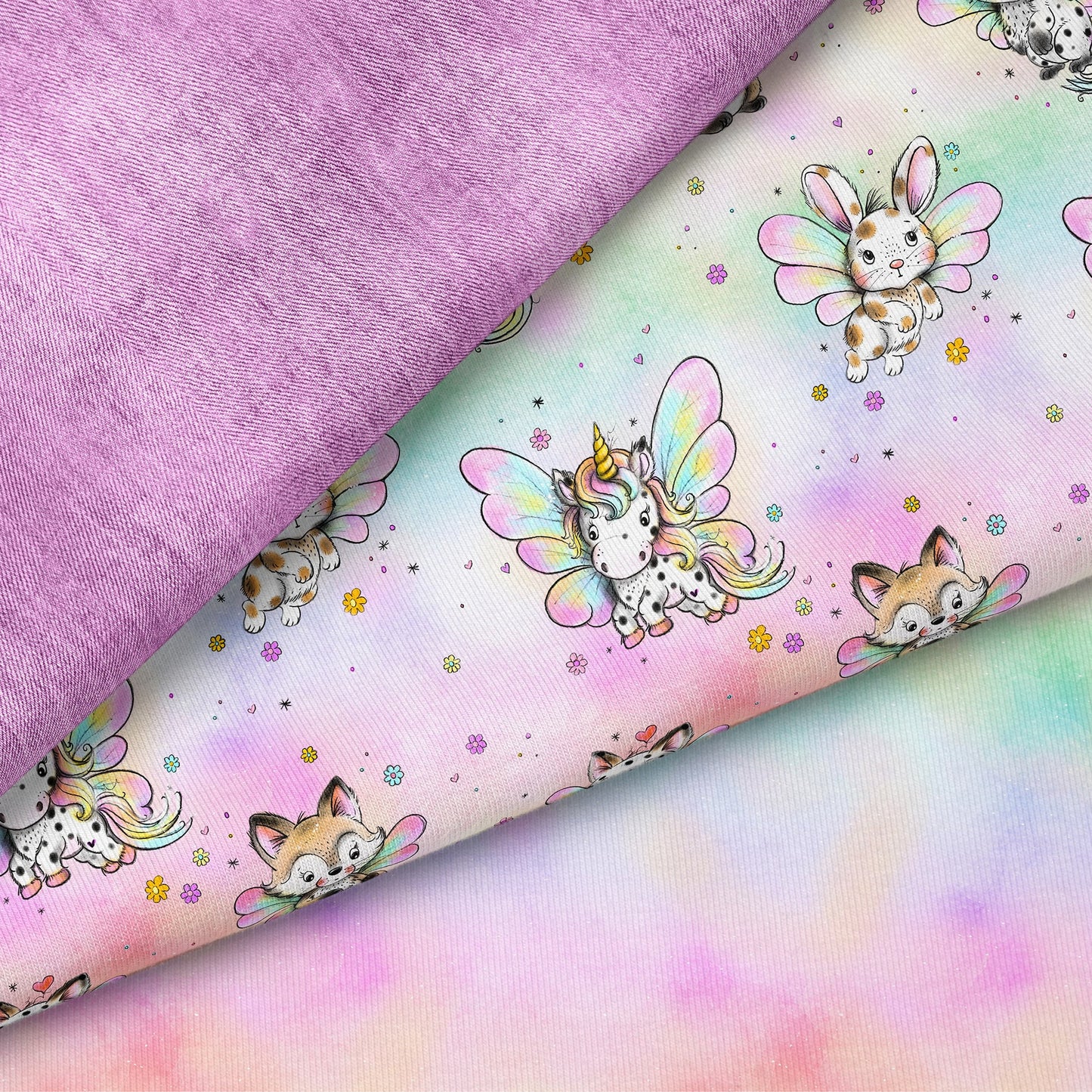 Little Rainbow Wings Bunt – Einhorn & Fantasie Stoff | auf verschiedenen Stoffarten
