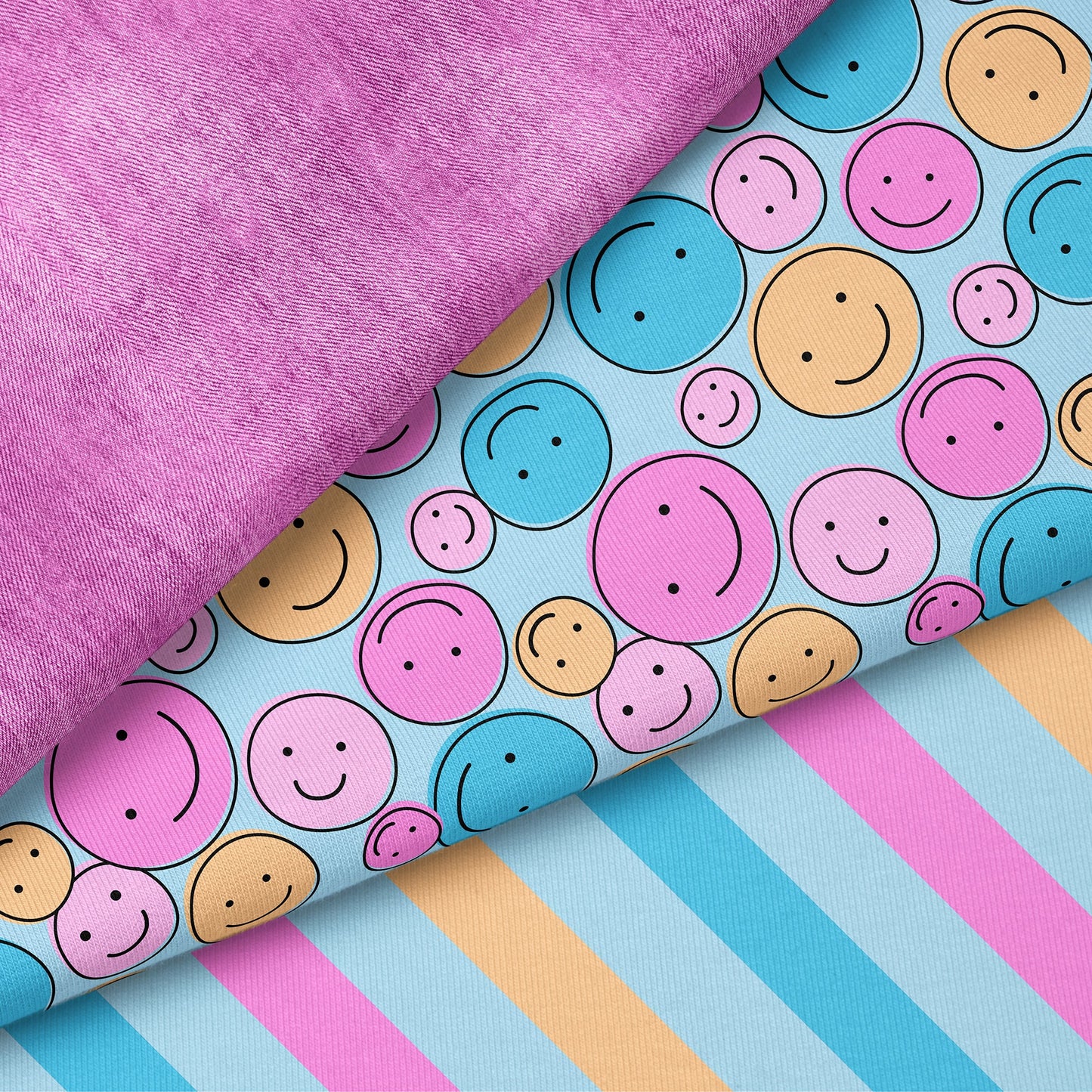 Smile Vibes Pink – moderner Smiley Stoff | auf verschiedenen Stoffarten