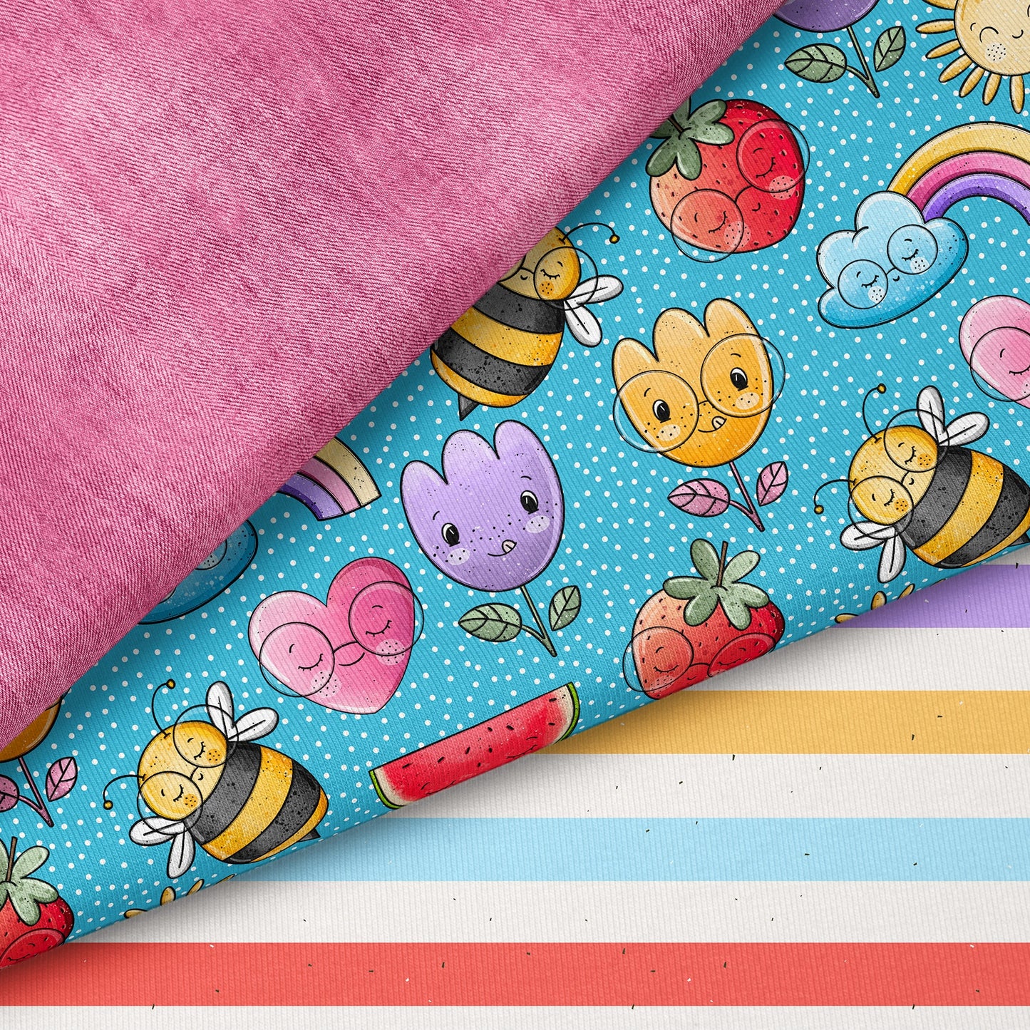Buntes Glück – fröhlicher Kinderstoff mit Bienen & Regenbogen | auf verschiedenen Stoffarten