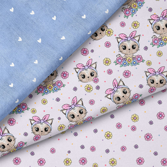 Kitty Flower Flieder – Katzen & Blumen Kinderstoff | verschiedene Stoffarten