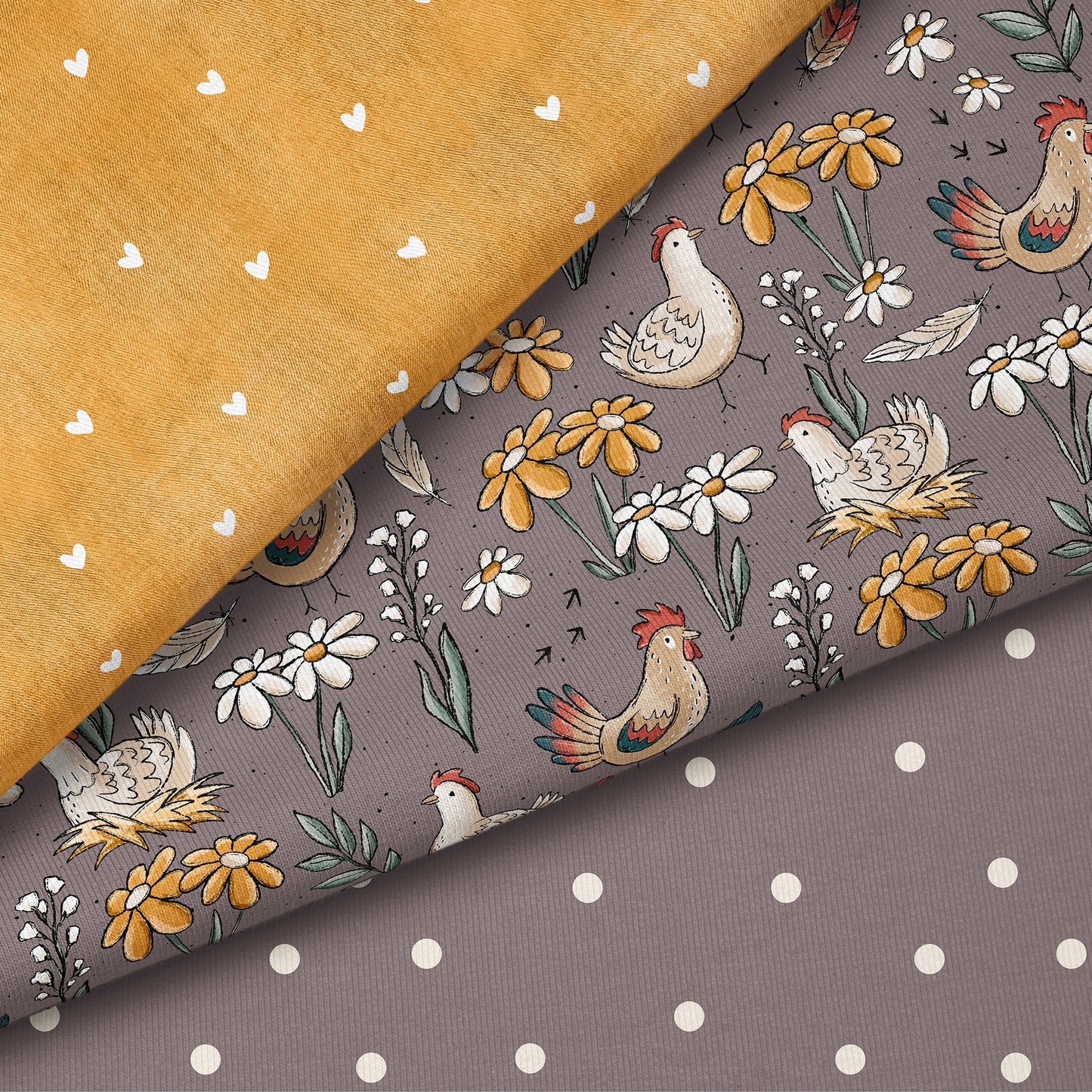 Hühner Tag Mauve – Bauernhof Kinderstoff | verschiedene Stoffarten