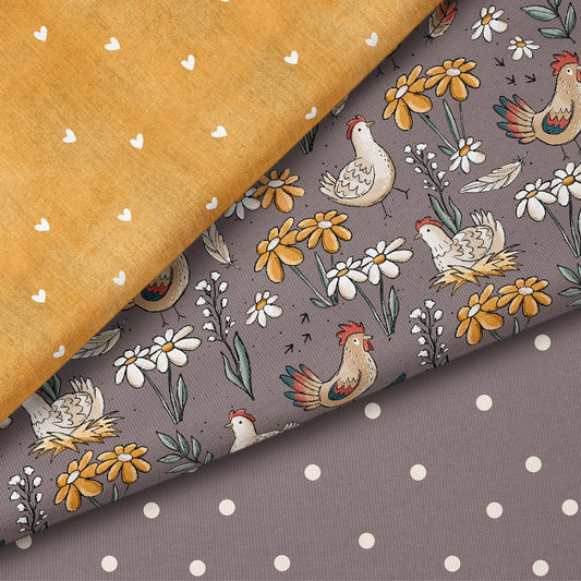 Hühner Tag Mauve – Bauernhof Kinderstoff | verschiedene Stoffarten