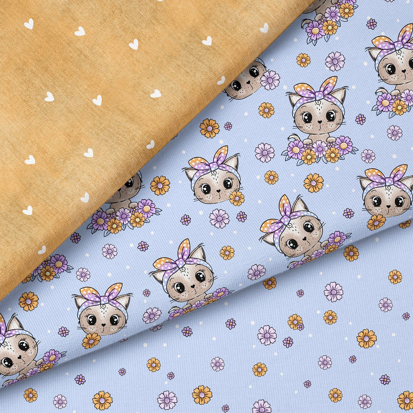 Kitty Flower Blau – Katzen & Blumen Kinderstoff | verschiedene Stoffarten