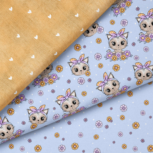 Kitty Flower Blau – Katzen & Blumen Kinderstoff | verschiedene Stoffarten