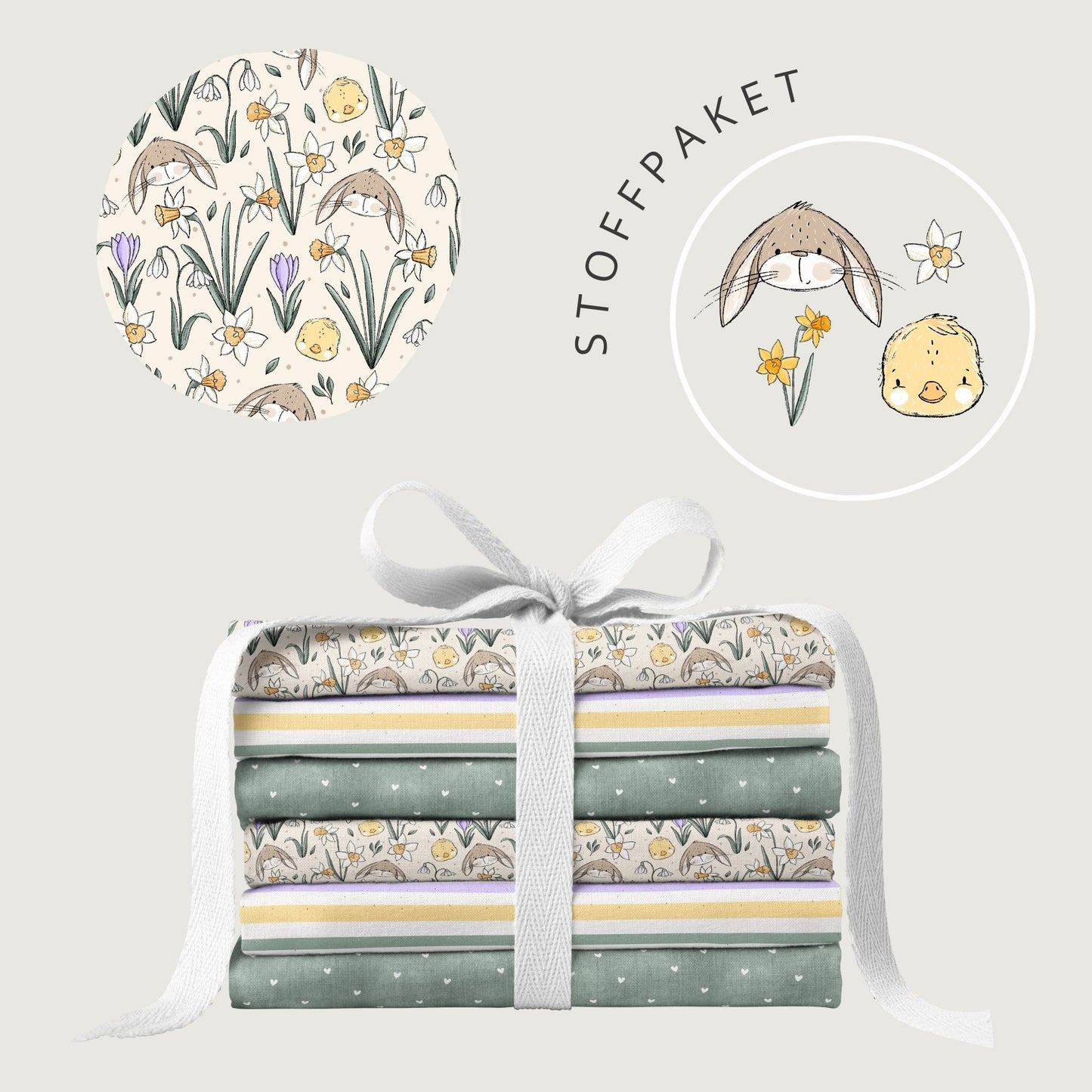 Stoffpaket Frühlingszauber Beige – Kinderstoff mit Hasen & Blumen | verschiedene Stoffarten
