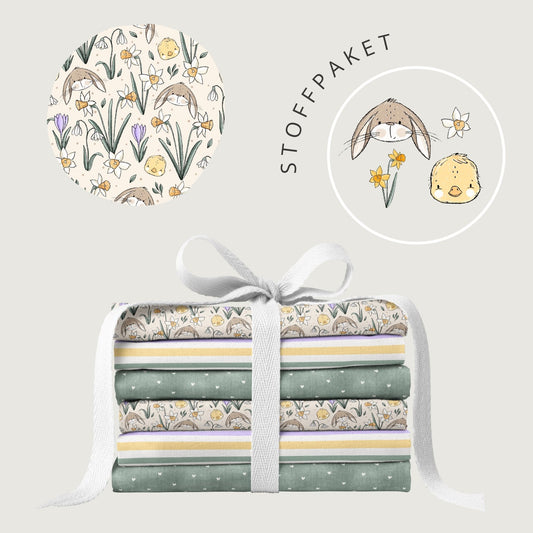 Stoffpaket Frühlingszauber Beige – Kinderstoff mit Hasen & Blumen | verschiedene Stoffarten