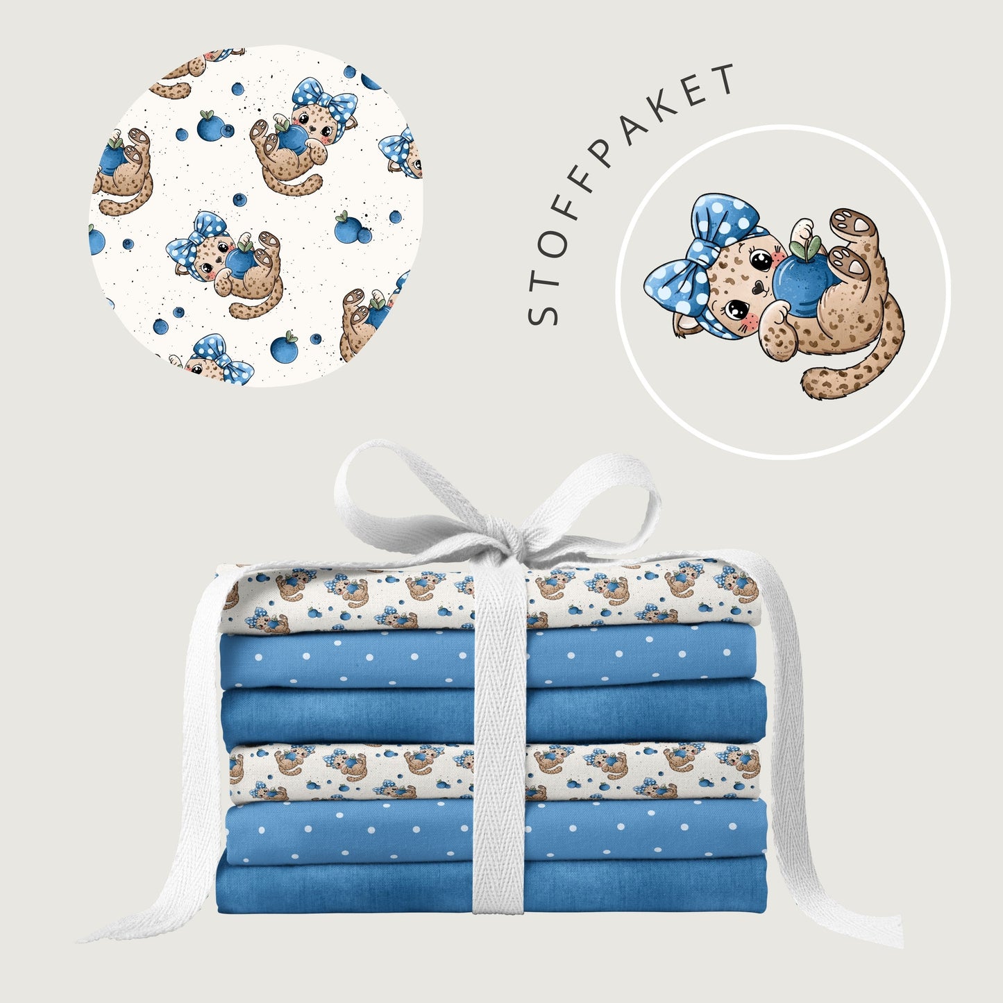 Stoffpaket Leo Berry Love Blau – Kinderstoff mit Leoparden | verschiedene Stoffarten