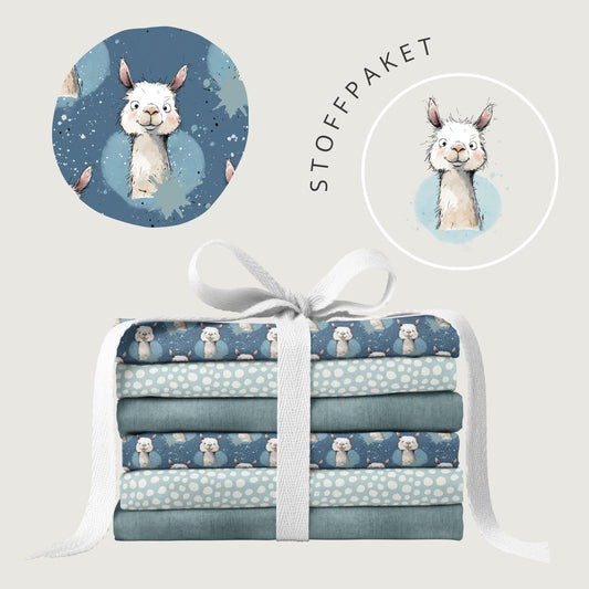 Stoffpaket Lama Vibes Blau – moderner Kinderstoff mit Lama | verschiedene Stoffarten