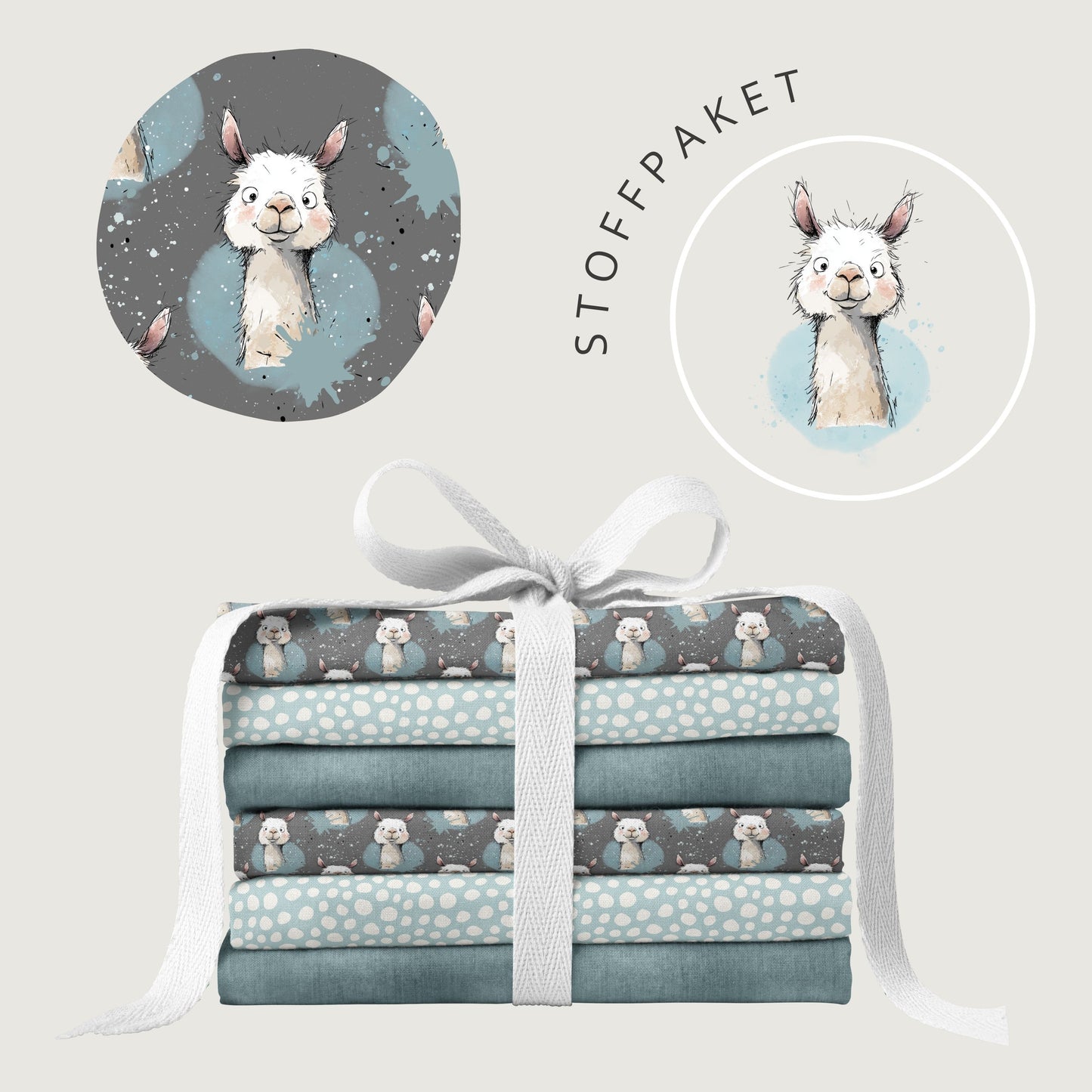 Stoffpaket Lama Vibes Grau – moderner Kinderstoff mit Lama | verschiedene Stoffarten