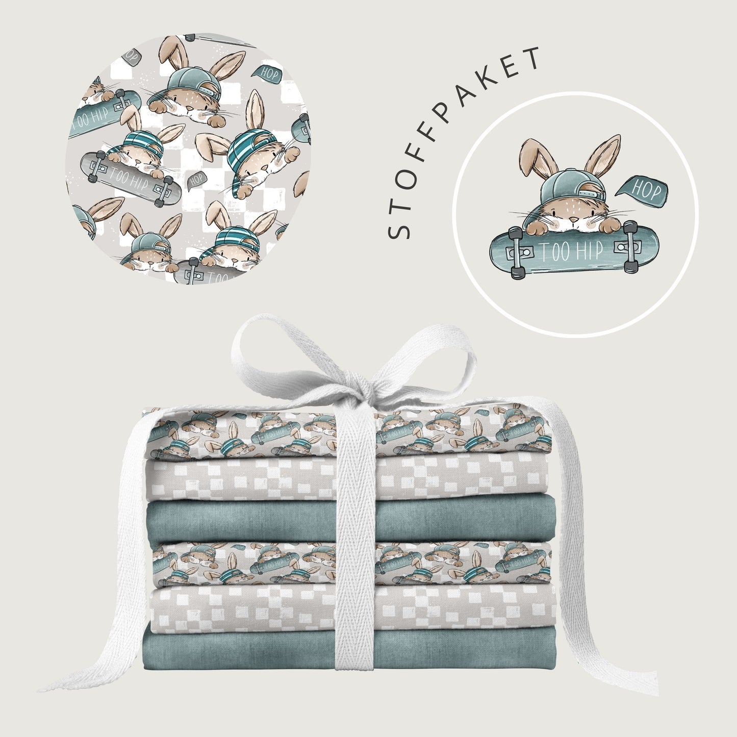 Stoffpaket Skate Bunny Vibes Grau – Kinderstoff mit Hasen | verschiedene Stoffarten
