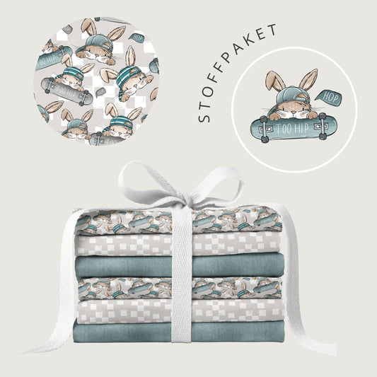 Stoffpaket Skate Bunny Vibes Grau – Kinderstoff mit Hasen | verschiedene Stoffarten