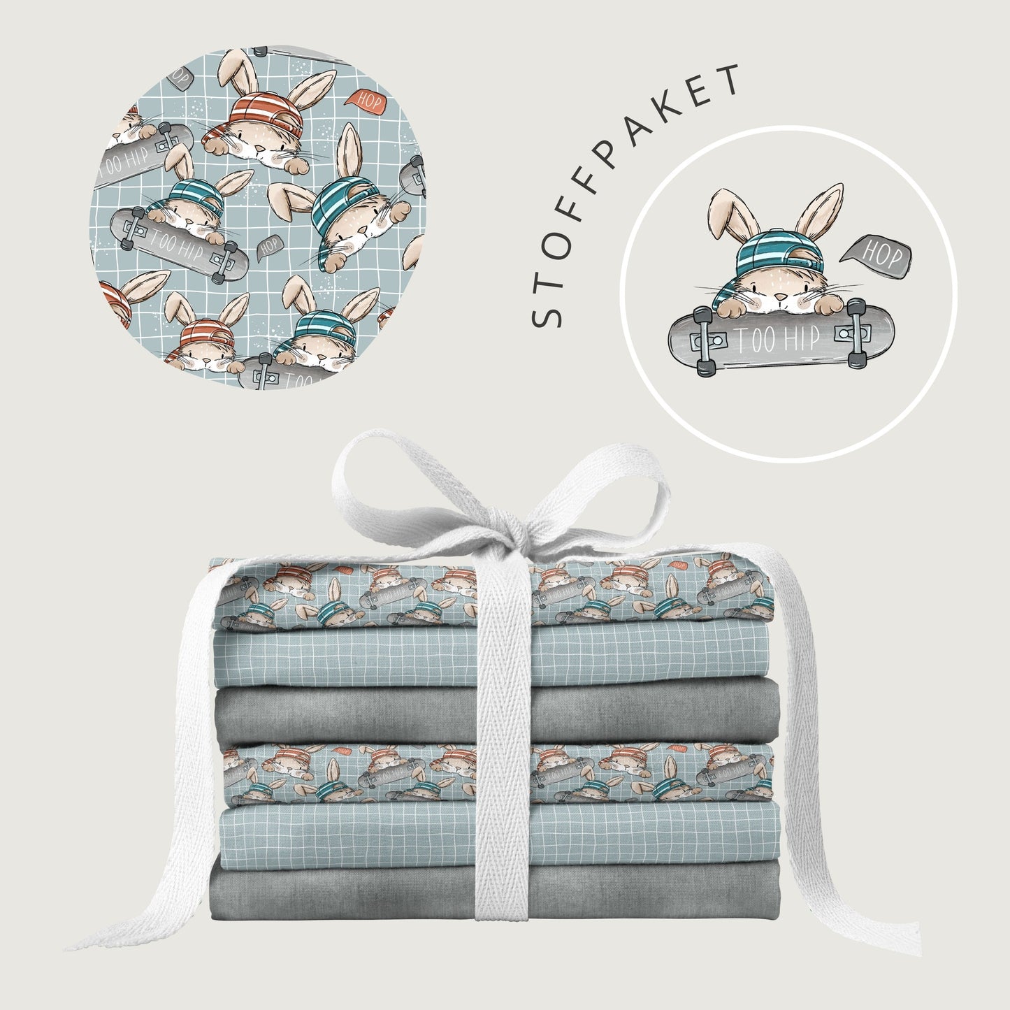 Stoffpaket Skate Bunny Vibes Grid – Kinderstoff mit Hasen | verschiedene Stoffarten