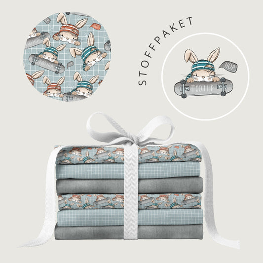 Stoffpaket Skate Bunny Vibes Grid – Kinderstoff mit Hasen | verschiedene Stoffarten