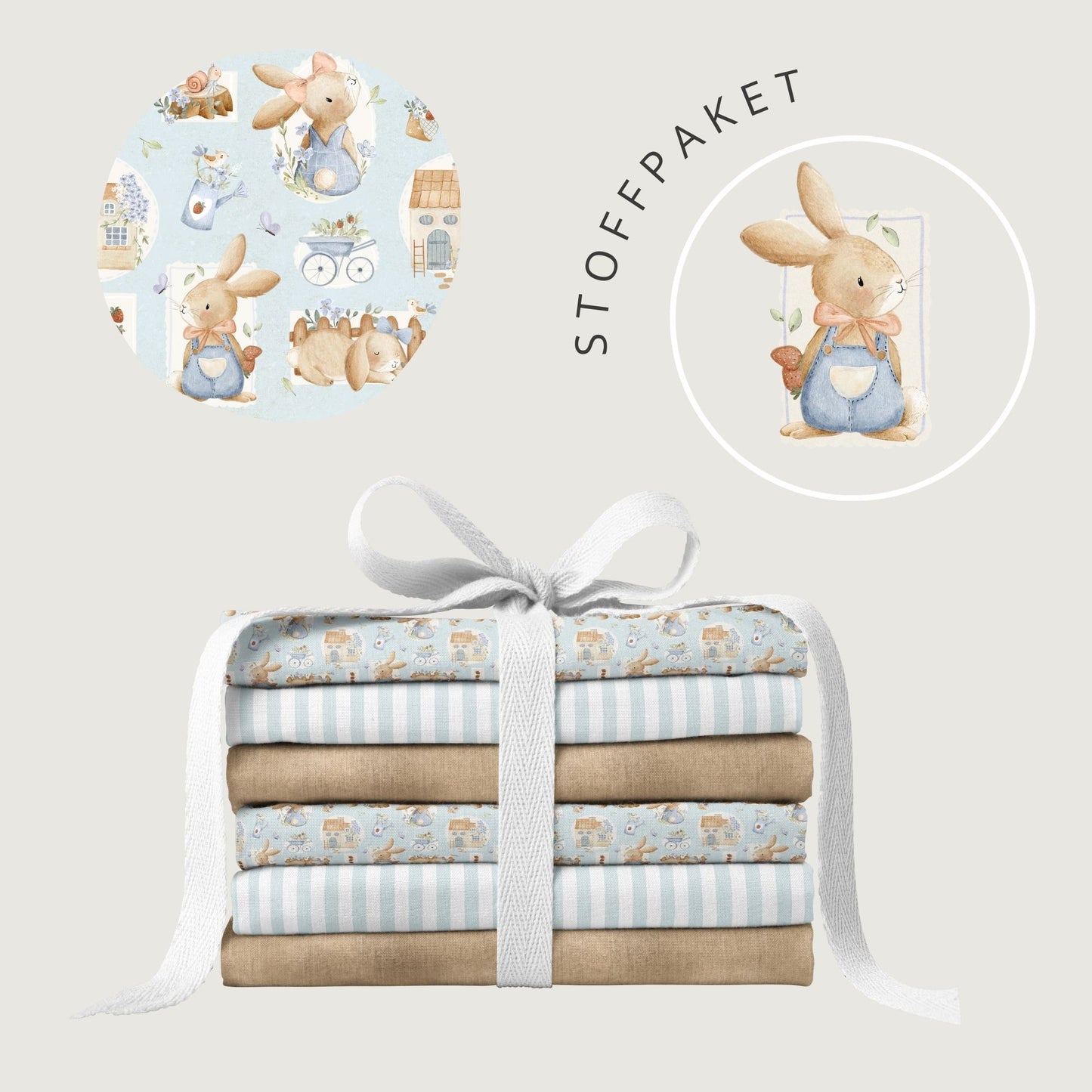 Stoffpaket Bunny & Bloom Cottage Hellblau – Kinderstoff mit Häschen | verschiedene Stoffarten
