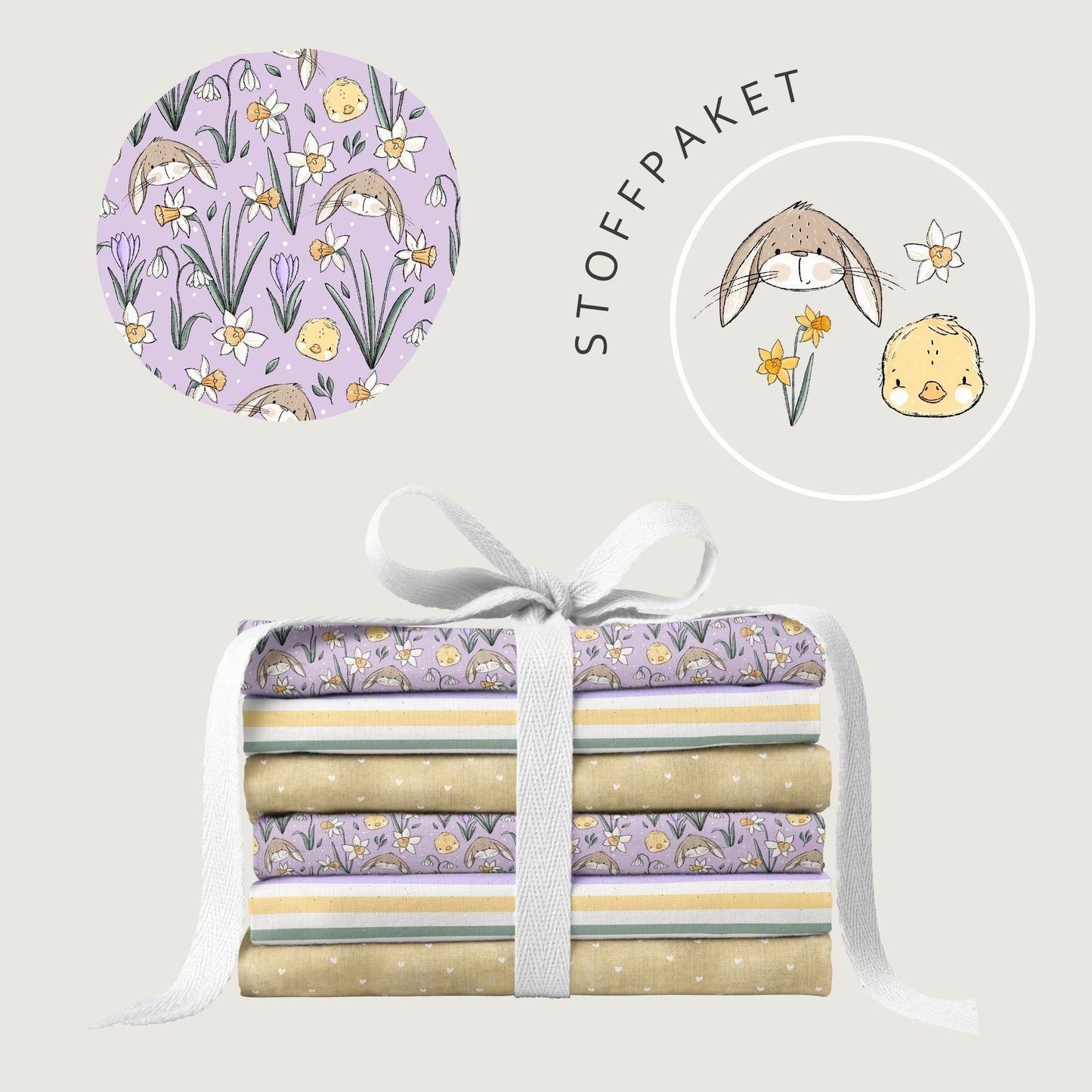 Stoffpaket Frühlingszauber Lila – Kinderstoff mit Hasen & Blumen | verschiedene Stoffarten