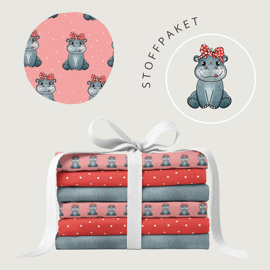 Stoffpaket Happy Hippo Rosa – süßer Nilpferd Kinderstoff | verschiedene Stoffarten