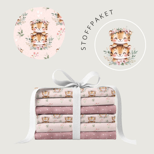 Stoffpaket Tiger im Blütengarten Rosa | auf verschiedenen Stoffarten