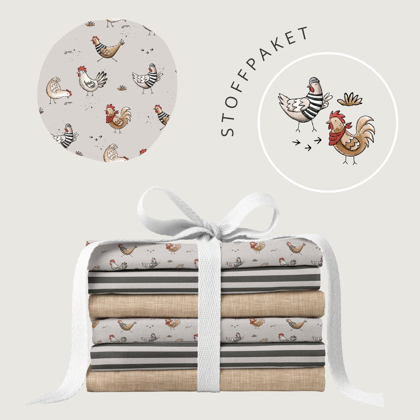 Stoffpaket Hühner Tag Grau – Bauernhof Kinderstoff | verschiedene Stoffarten