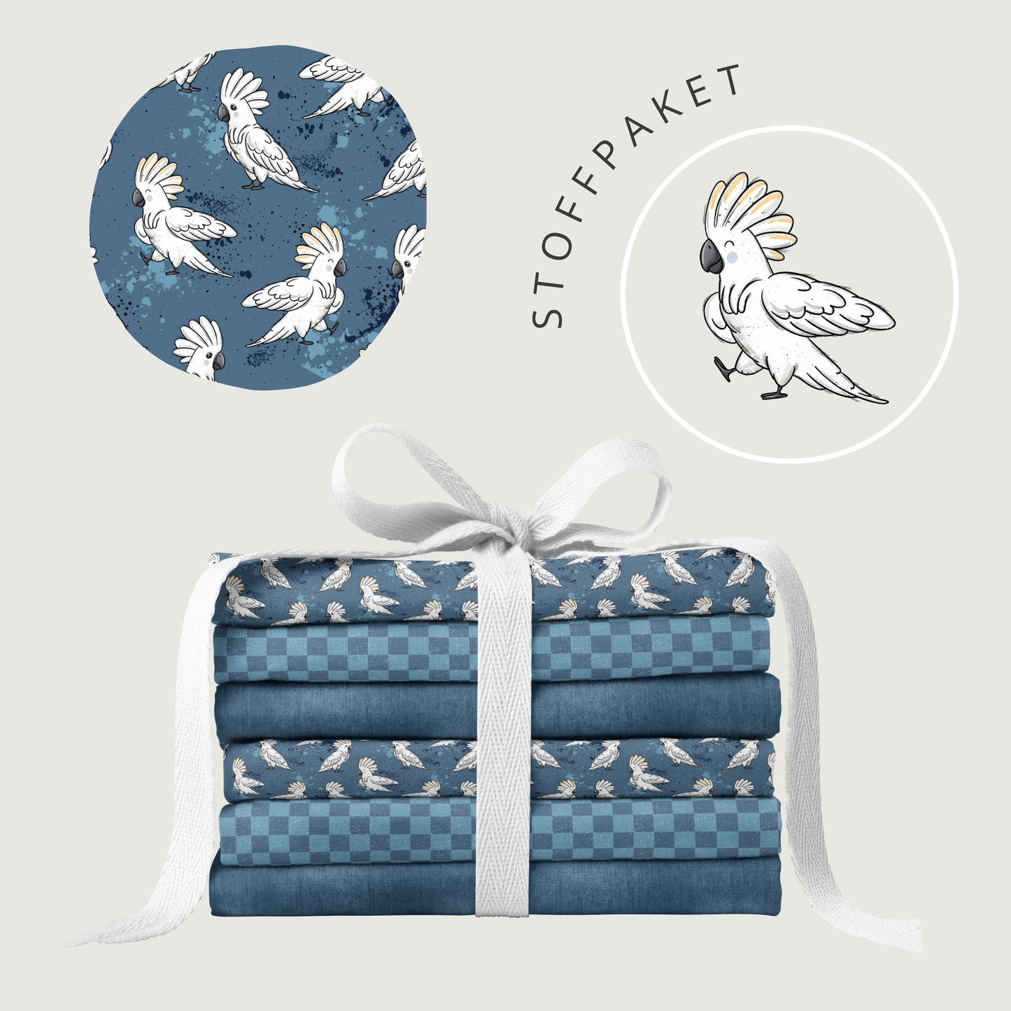 Stoffpaket Cool Kakadu – moderner Vogelstoff in Blau | verschiedene Stoffarten