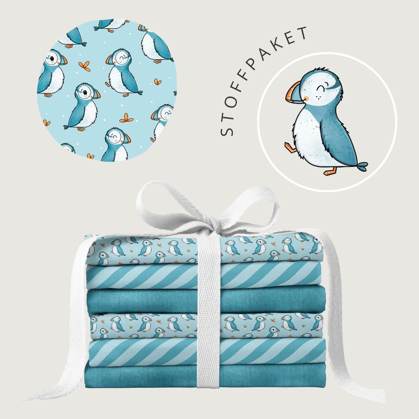 Stoffpaket Puffin Friends – Kinderstoff mit Papageitauchern | verschiedene Stoffarten