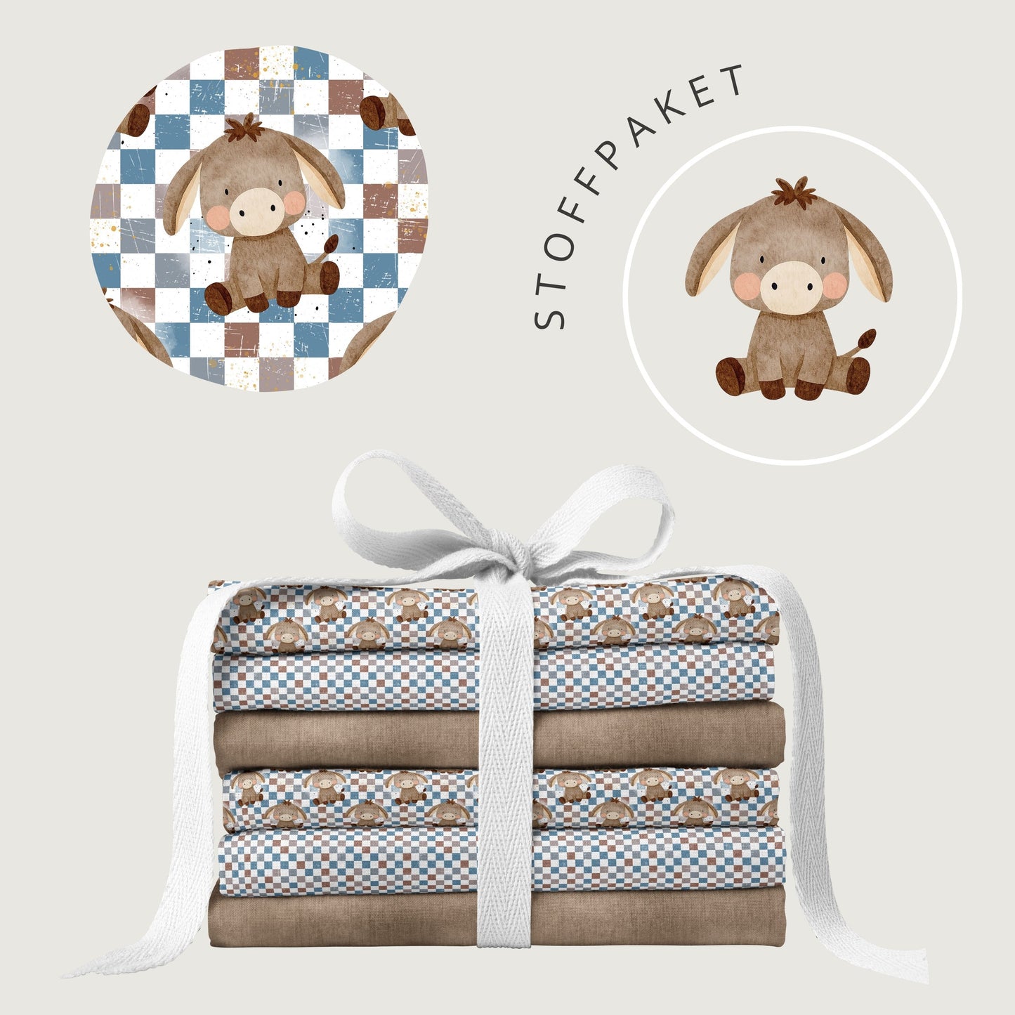 Stoffpaket Eselchen Schachbrett – Kinderstoff mit Esel | verschiedene Stoffarten