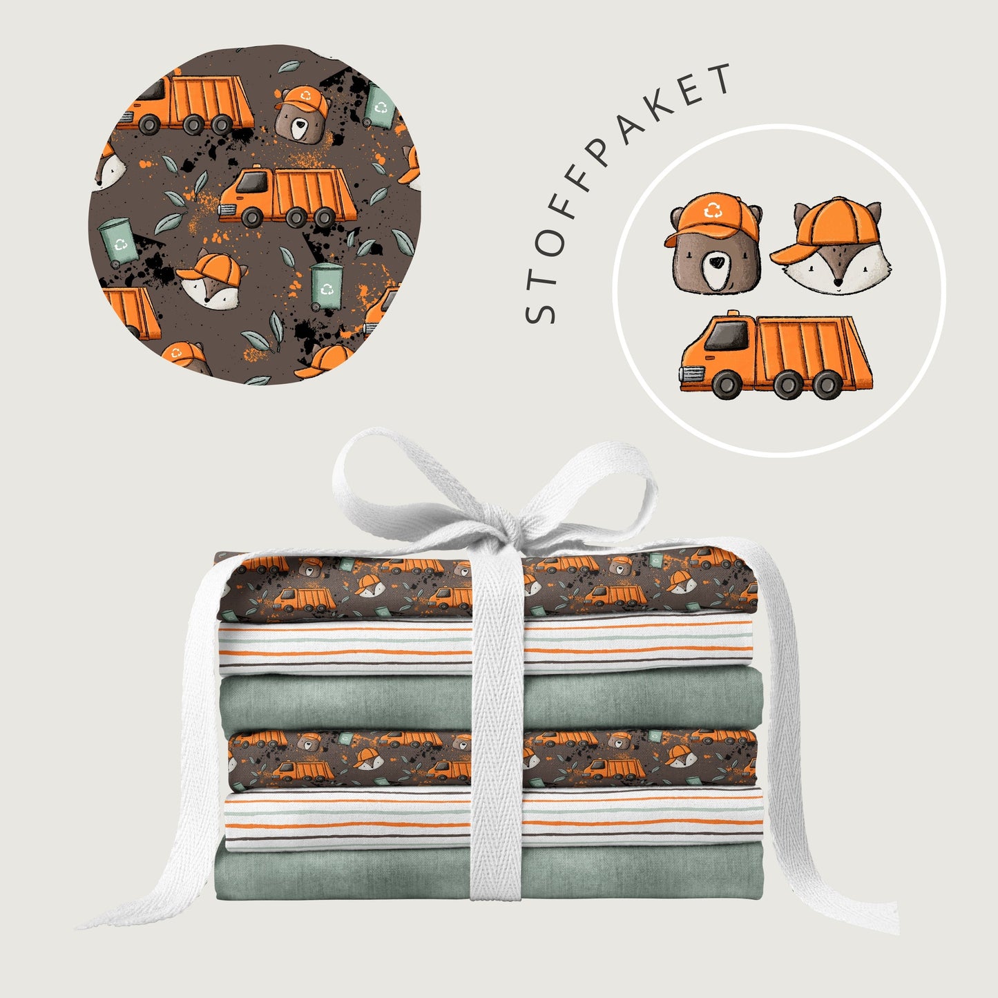 Stoffpaket Müllauto – Kinderstoff mit Müllauto und Waldtieren | verschiedene Stoffarten