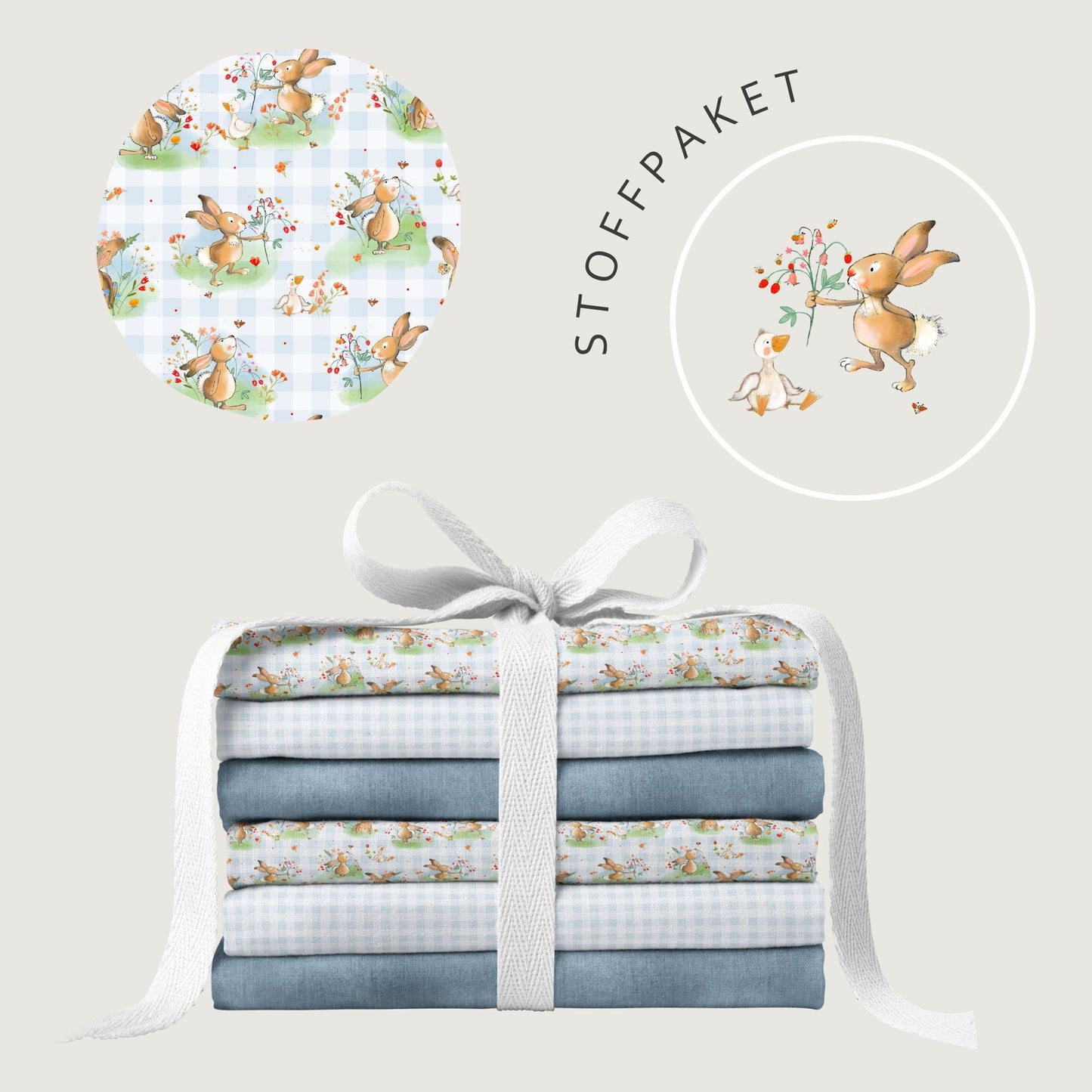 Stoffpaket Hasenwiese – Frühlingshasen Design | auf verschiedenen Stoffarten