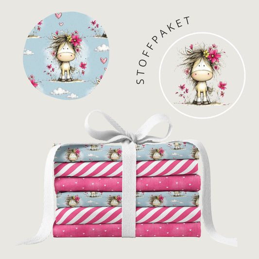 Stoffpaket Blumenpony Blau – Pferde Design | verschiedene Stoffarten