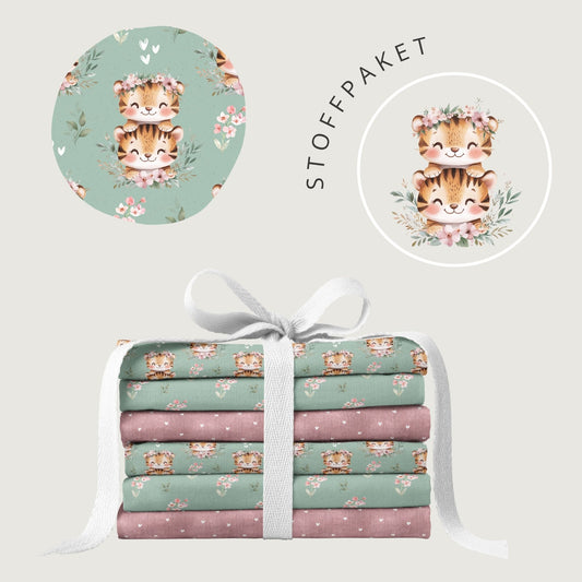 Stoffpaket Tiger im Blütengarten Mint | auf verschiedenen Stoffarten