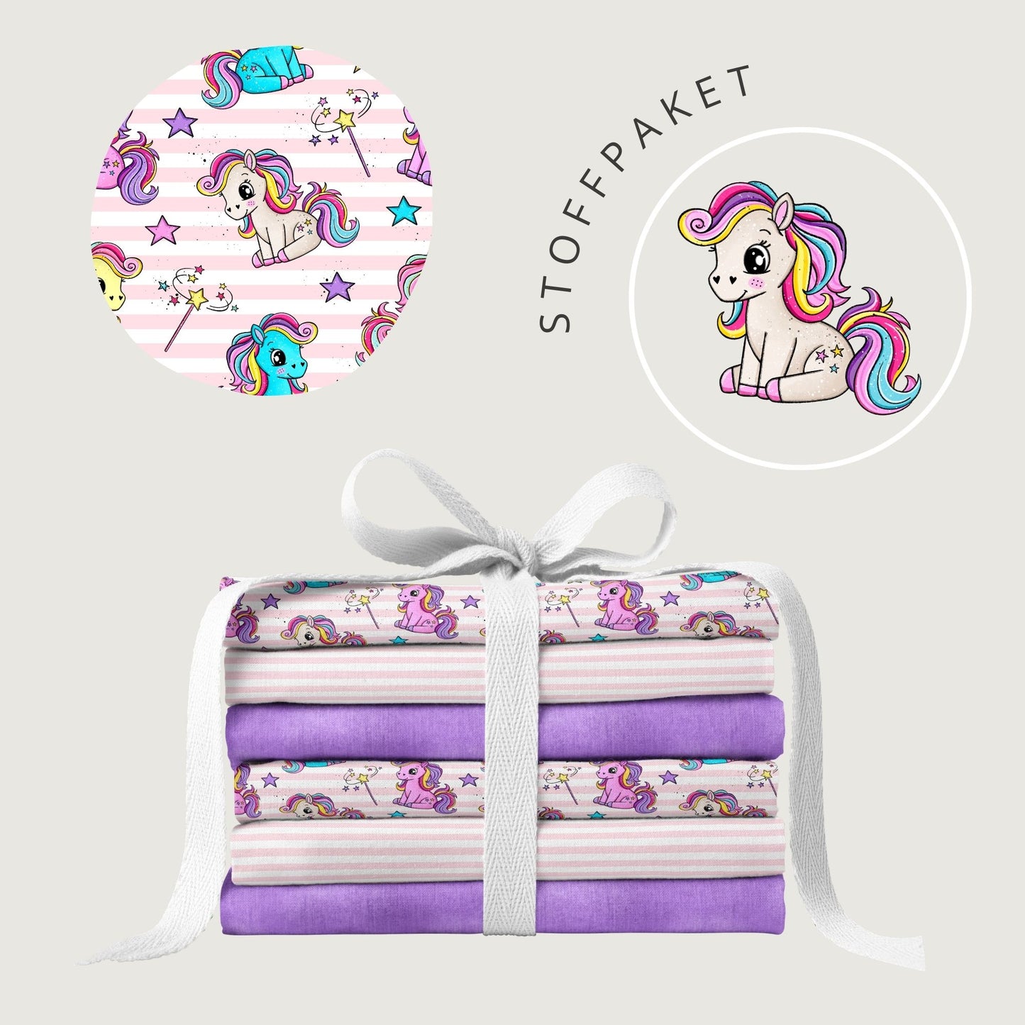 Stoffpaket Polly Pony – Einhorn & Regenbogen Design | auf verschiedenen Stoffarten