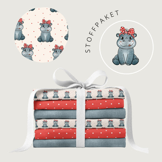 Stoffpaket Happy Hippo Beige – süßer Nilpferd Kinderstoff | verschiedene Stoffarten