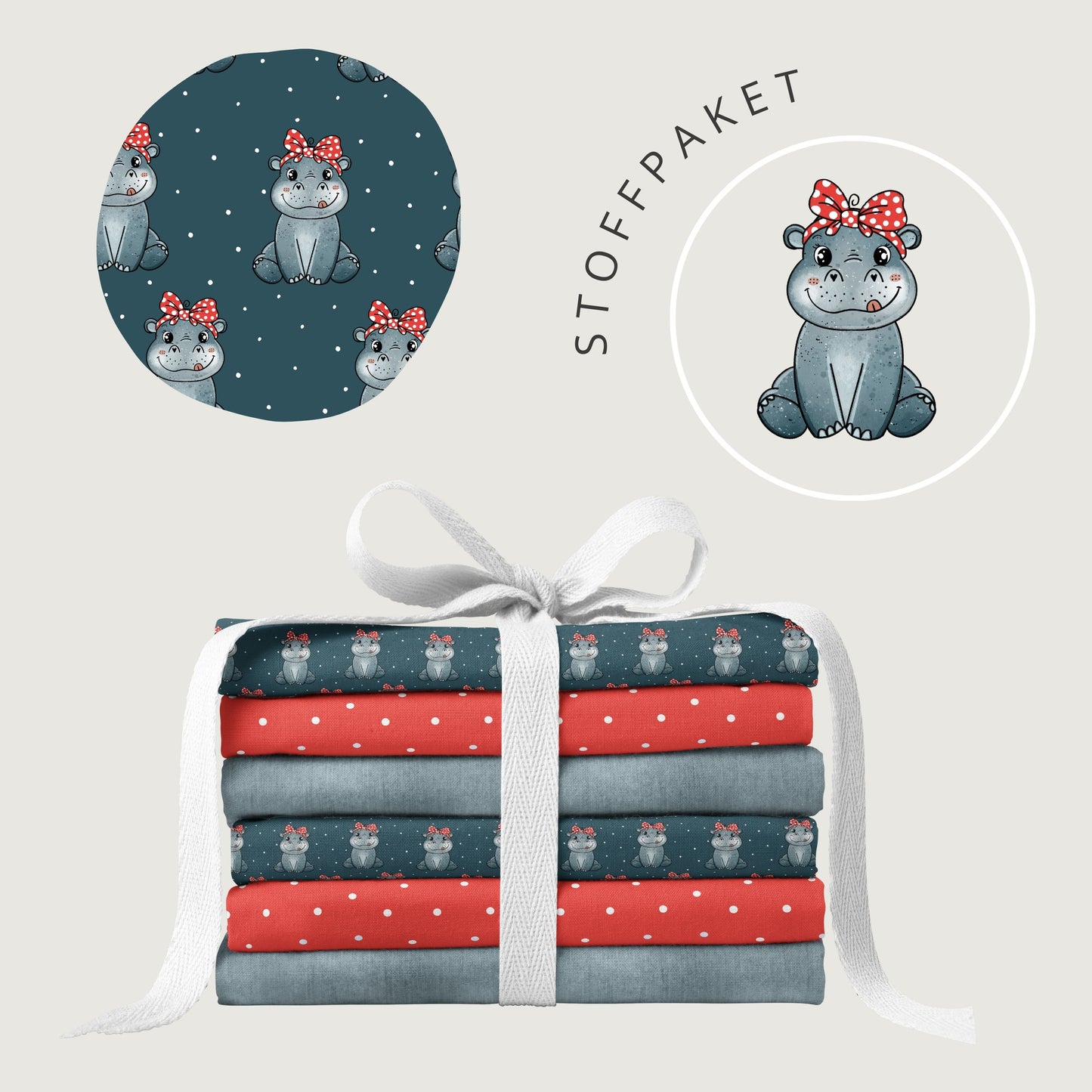 Stoffpaket Happy Hippo Grau – süßer Nilpferd Kinderstoff | verschiedene Stoffarten