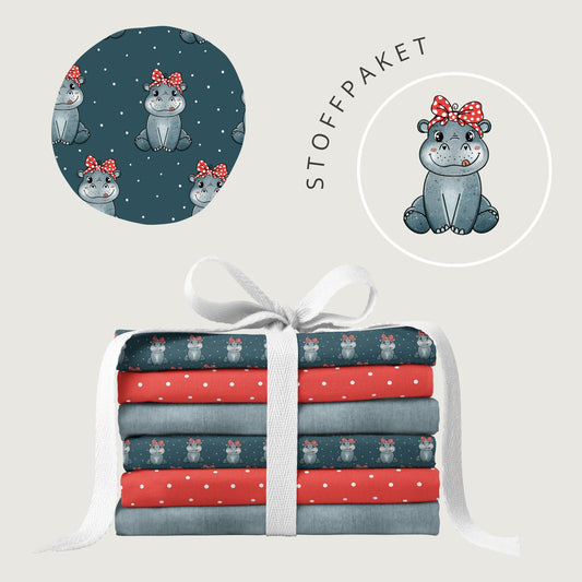 Stoffpaket Happy Hippo Grau – süßer Nilpferd Kinderstoff | verschiedene Stoffarten