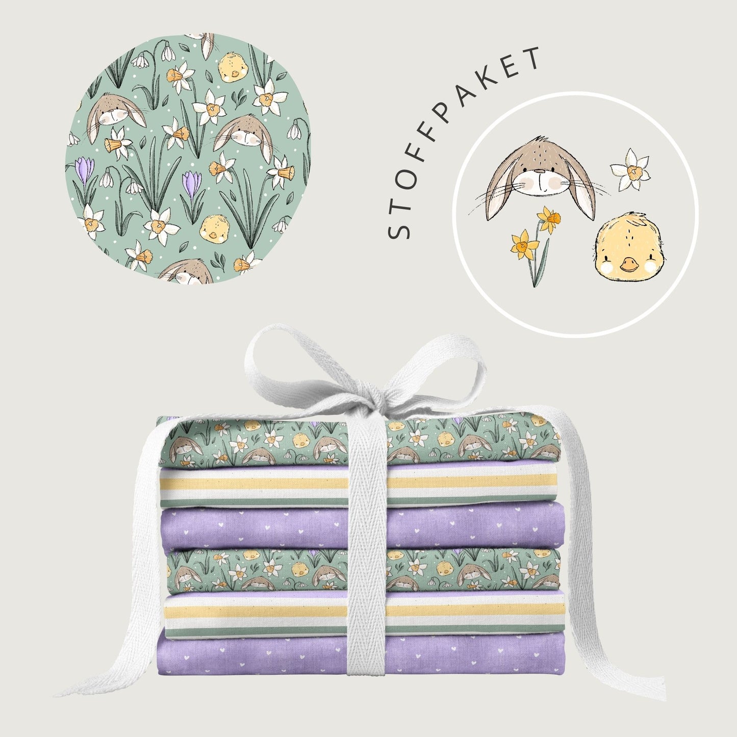 Stoffpaket Frühlingszauber Grün – Kinderstoff mit Hasen & Blumen | verschiedene Stoffarten
