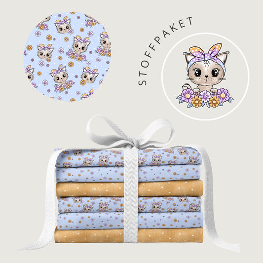 Stoffpaket Kitty Flower Blau – Katzen & Blumen Kinderstoff | verschiedene Stoffarten