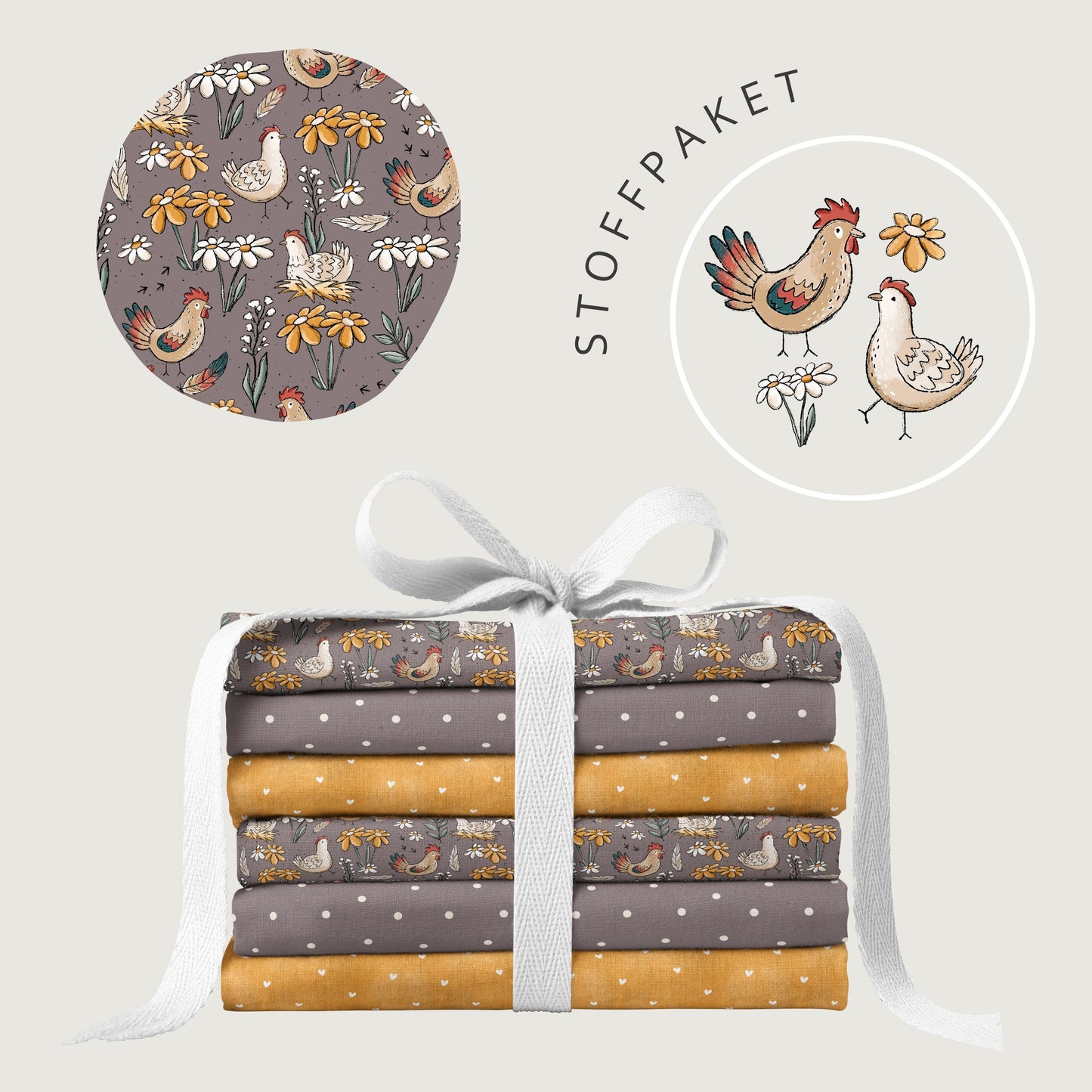 Stoffpaket Hühner Tag Mauve – Bauernhof Kinderstoff | verschiedene Stoffarten