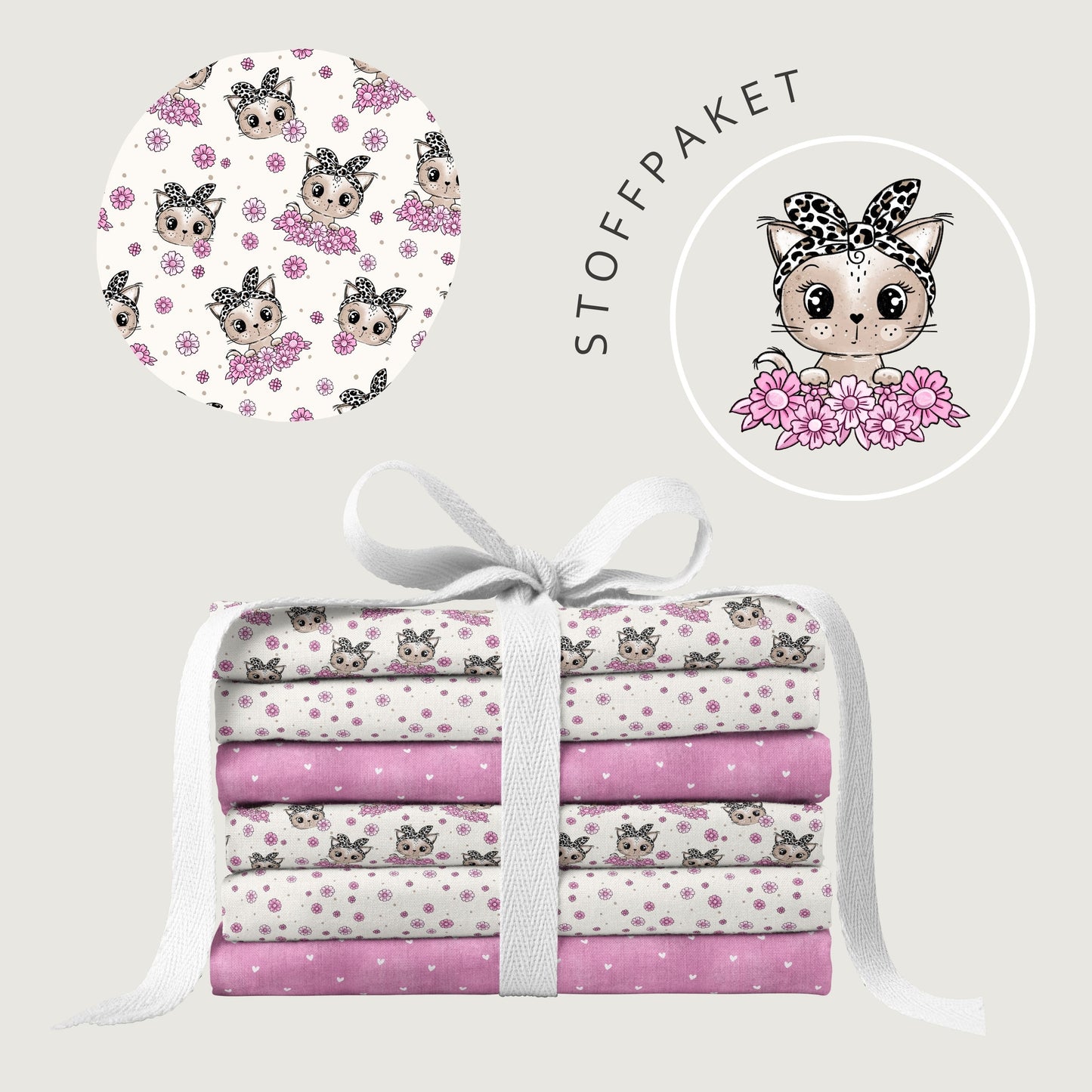 Stoffpaket Kitty Flower Leo – Katzen & Blumen Kinderstoff | verschiedene Stoffarten