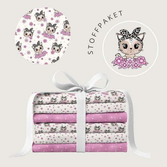 Stoffpaket Kitty Flower Leo – Katzen & Blumen Kinderstoff | verschiedene Stoffarten