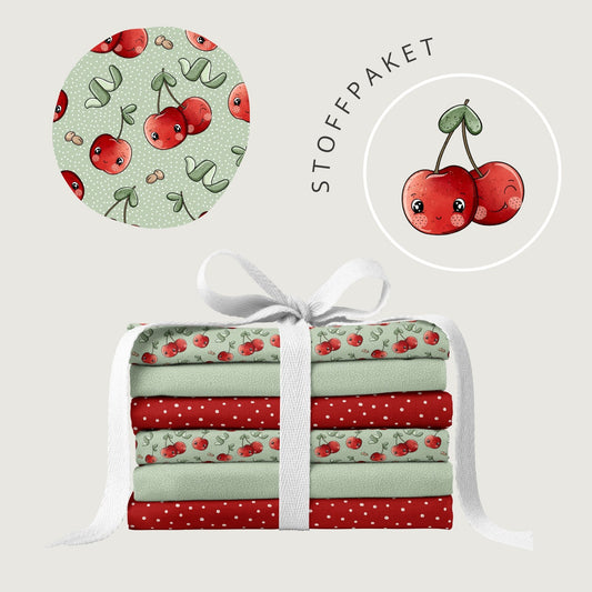 Stoffpaket Sweet Cherrys – Fruchtstoff in Rot & Grün | verschiedene Stoffarten