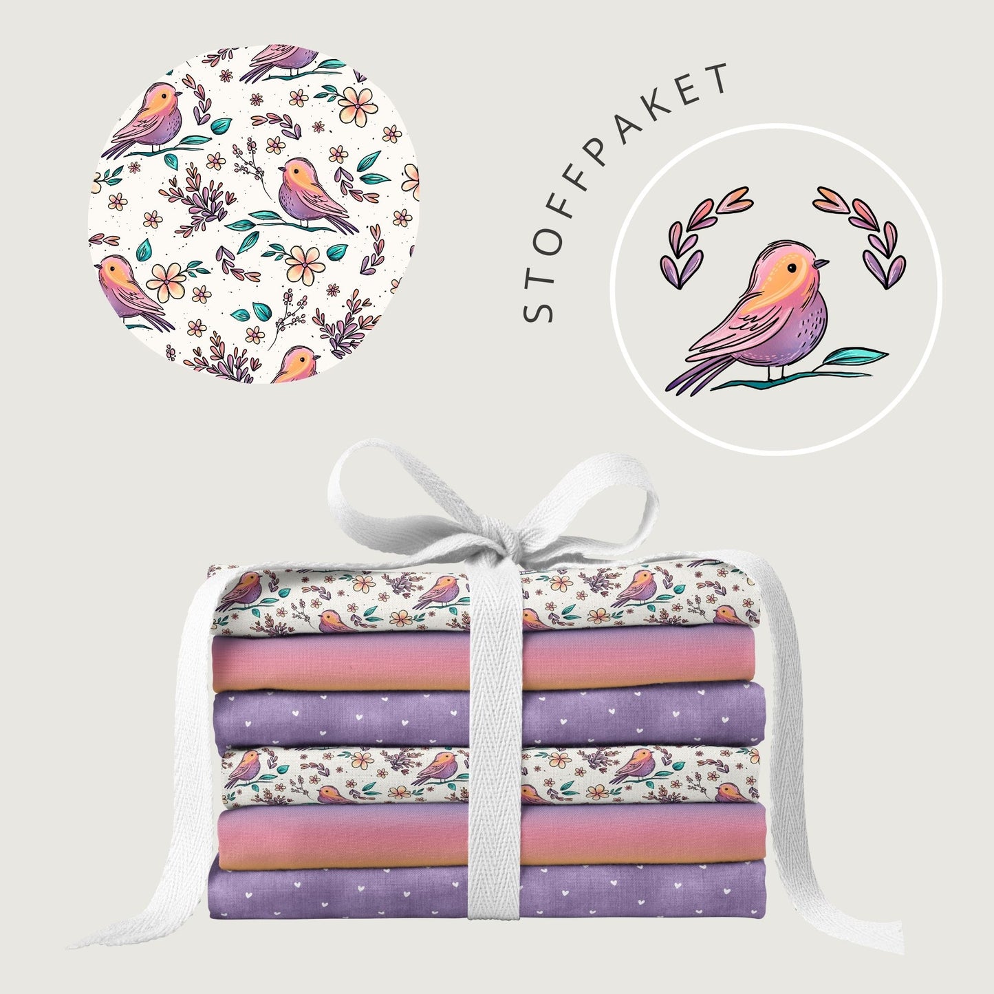 Stoffpaket Birds & Blooms – Stoff mit Vögeln & Blumen | auf verschiedenen Stoffarten